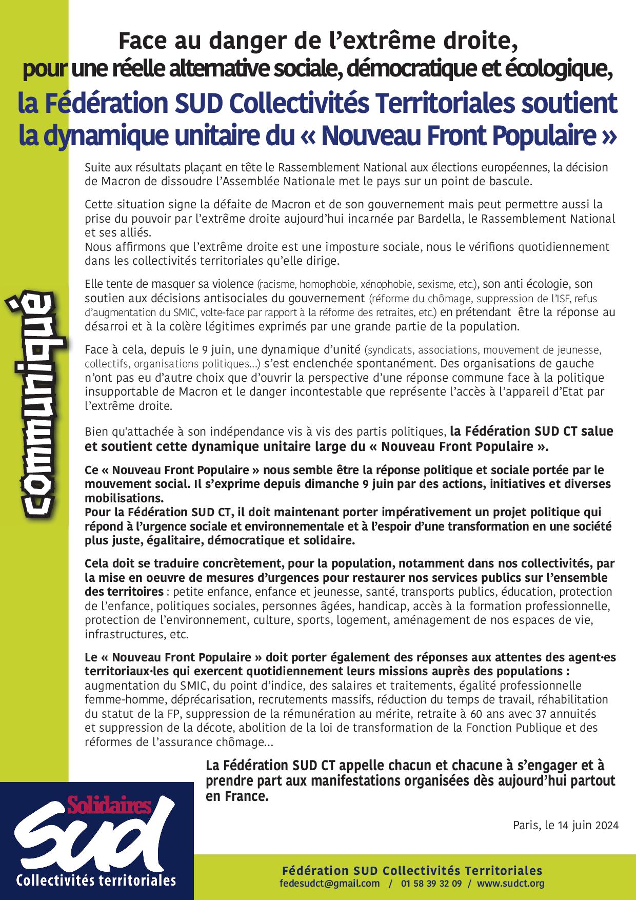 communiqué fédération Sud CT du 14 juin 2024